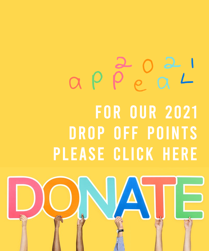 image with the word 'donate' in bright colours, which directs the user to the donation page with drop off point details.