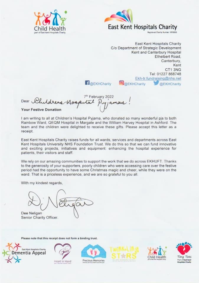 a detailed letter scanned and prvided to CHP by East Kent Hospital Charity.