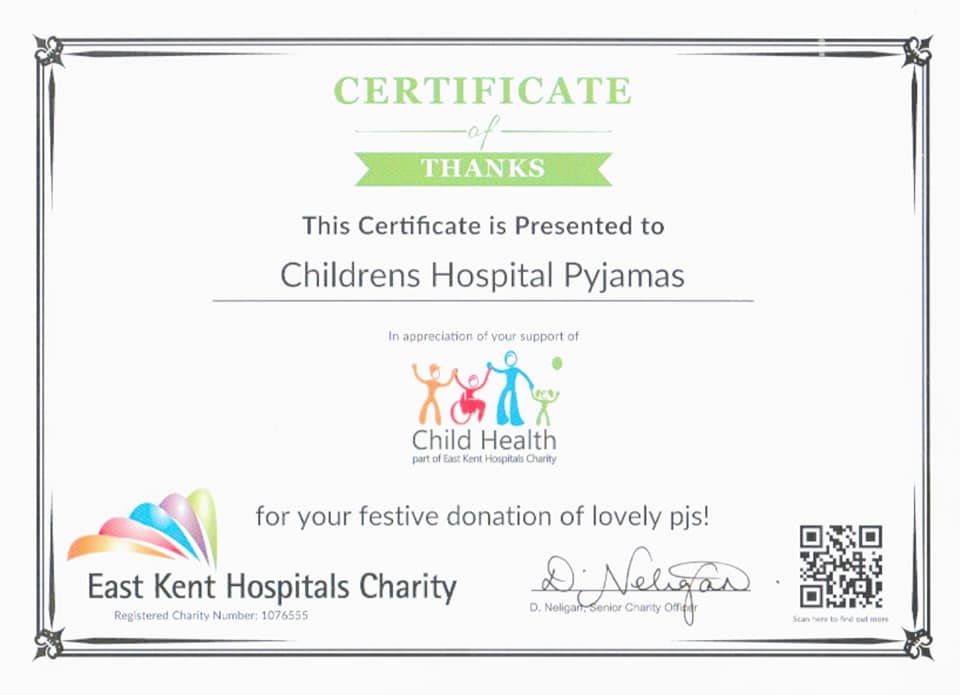 an certificate awards to the childrens hospital pyjamas charity.